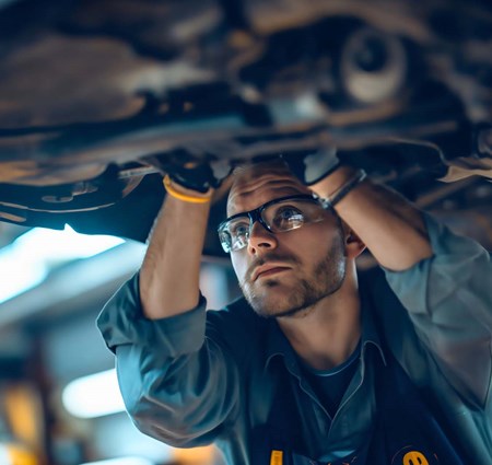 Vehicle mechanic standing under the car in a modern garage repairing or fixing vehicle.