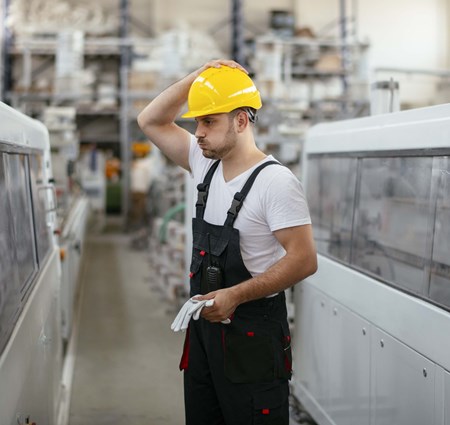 Worker standing in a factory wearing hardhat with one hand on their head while exhaling deeply