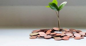A pile of coins with green plants growing from the centre of it