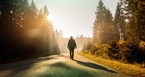 Person walking down a tree lined road to boost with their mental health