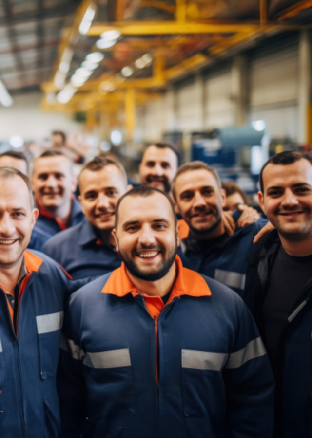 Group of automotive male employees, standing with a cheerful smile in the factory and wearing dark blue and orange overalls.